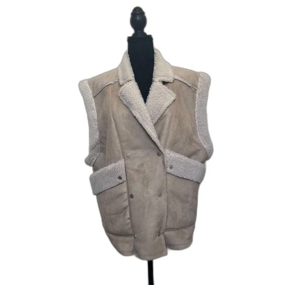 Mienne Seoul Womens Sherpa Vest OS Tan Excellent Faux Suede Double Breasted